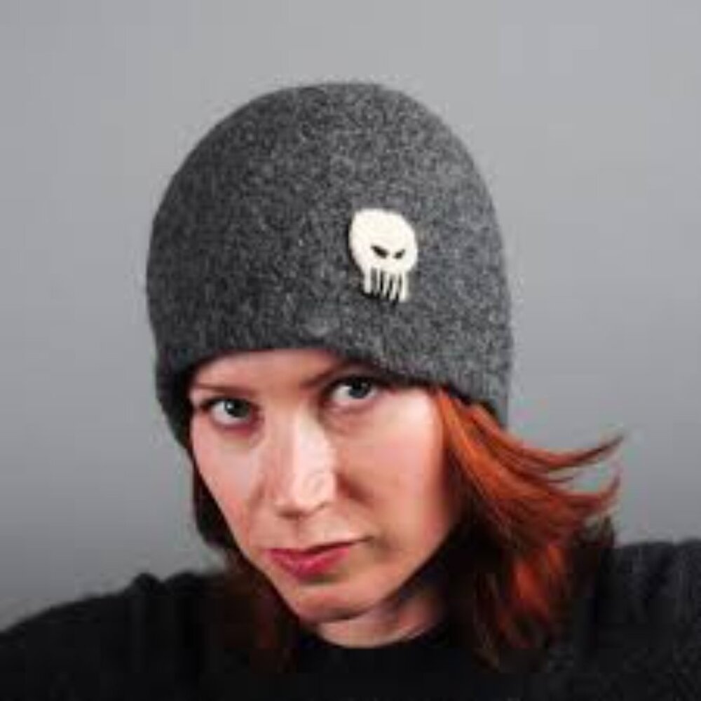 Julie Sinden Handmade Merino Wool Beanie Hat, Black With White Skull Detail